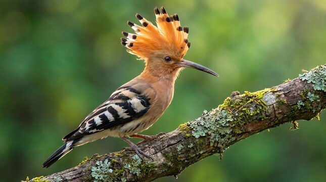 Side view of hoopoe bird with crested feathers perched on tree branch natural background