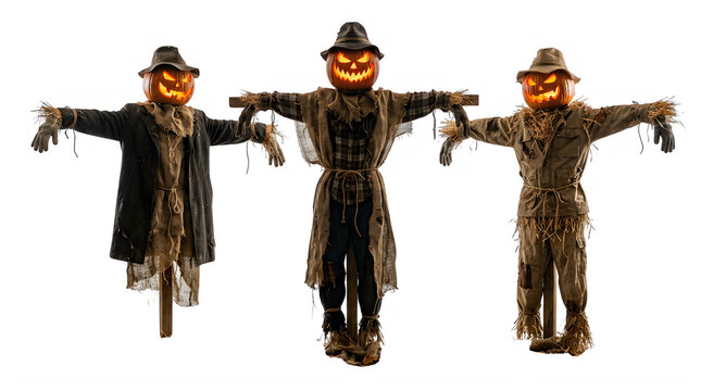 halloween Spooky Halloween scarecrows with glowing jack-o-lantern heads, creepy pumpkin monsters in tattered clothes, trio of eerie straw figures on white background nice png