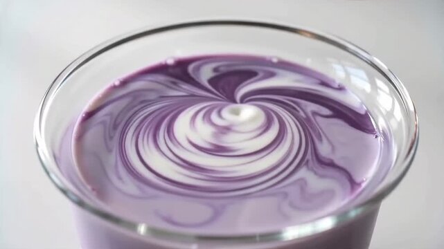 Milk being poured into a bowl with purple liquid, creating beautiful swirling patterns