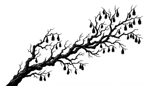 halloween Gothic bat silhouette on gnarled tree branch, spooky halloween flying fox colony, dark ink illustration of fruit bats hanging on dead wood nice png