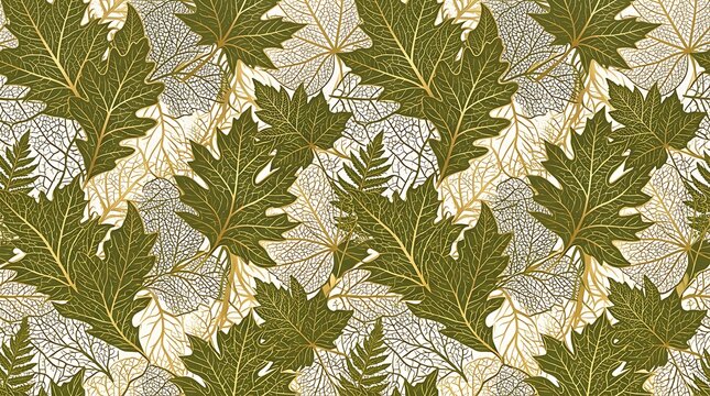 Green foliage and white leaf skeletons in a seamless organic pattern