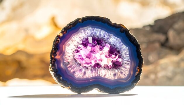 Close-up of a vibrant purple and white agate geode slice, showcasing crystalline formations and intricate banding.