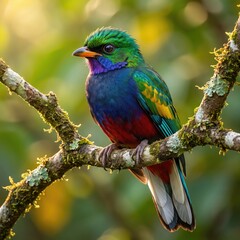 Fototapeta premium Colorful quetzal tropical bird perched on mossy branch looking back in green rainforest