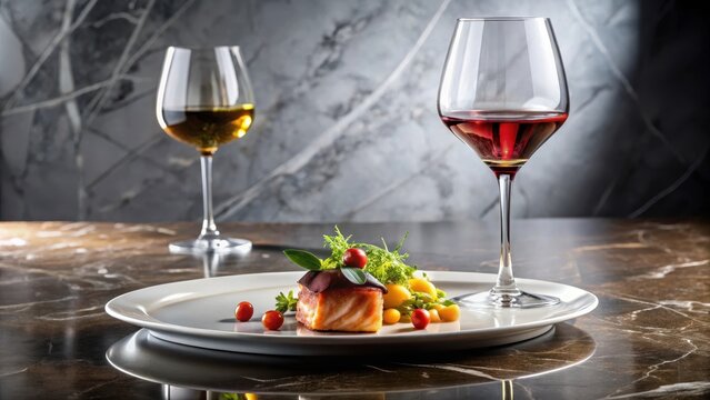 A delicate plate adorned with an exquisite glass of wine and gourmet cuisine sits elegantly on a polished marble table