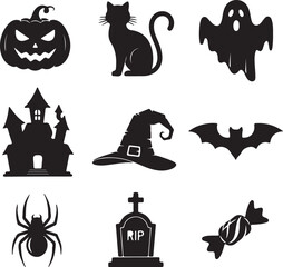 Fototapeta premium Spooky Halloween Icons A collection of eerie silhouettes captures the essence of Halloween, with icons of a pumpkin, black cat, ghost, haunted house, witch's hat, bat, spider, tombstone, and candy.