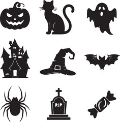 Fototapeta premium Spooky Halloween Icons A collection of eerie silhouettes captures the essence of Halloween, with icons of a pumpkin, black cat, ghost, haunted house, witch's hat, bat, spider, tombstone, and candy.