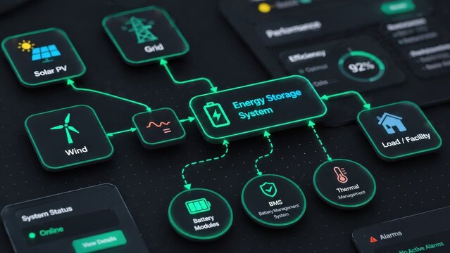 Futuristic energy storage system diagram on a dark digital interface showcasing grid connection, battery modules, and BMS control elements