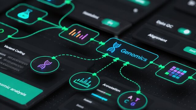 Genomics data analysis network visualized with neon nodes and connections representing biological information flow and scientific research