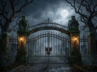 Obraz premium Ornate iron cemetery gates stand chained shut in a misty graveyard at night. Halloween Wallpaper Background image