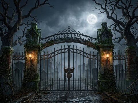 Ornate iron cemetery gates stand chained shut in a misty graveyard at night. Halloween Wallpaper Background image