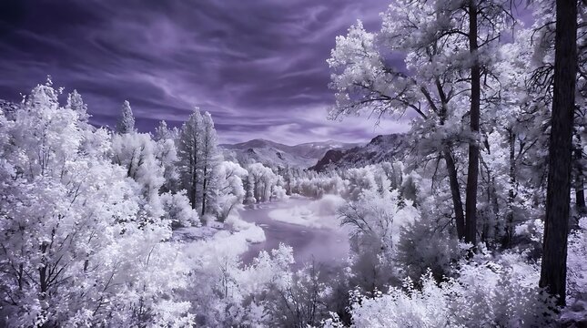 Ethereal infrared landscape featuring purple sky and white trees
