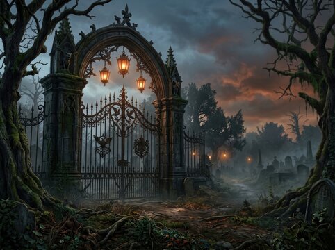 Ornate iron gates with amber lanterns stand in a misty gothic graveyard at dusk. Halloween Wallpaper Background image