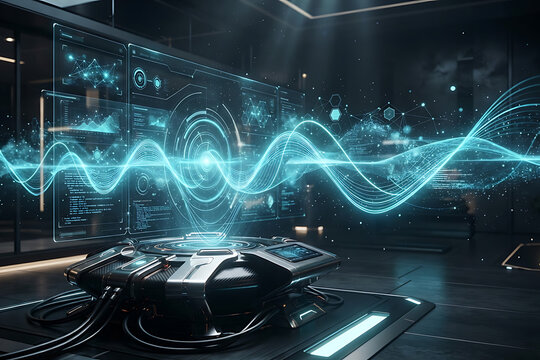 Floating digital audio sound wave frequencies over sci fi laboratory desk