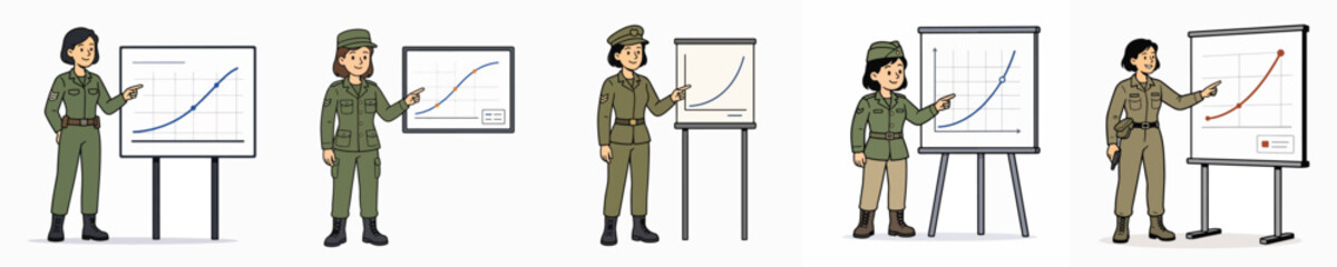 Obraz premium Set of vector illustrations featuring a female soldier giving a presentation, arranged in a curved layout.