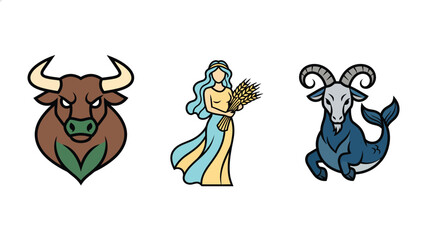 Fototapeta premium Astrological symbols representing Taurus, Virgo, and Capricorn zodiac signs in a clean, modern illustration style.