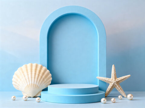 Blue arch 3D product display podium with shell, starfish, and palm leaf accents