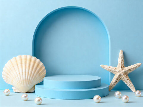 Blue arch 3D product display podium with shell, starfish, and palm leaf accents