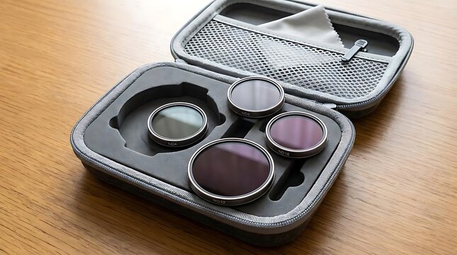 Round glass camera filters in protective storage case