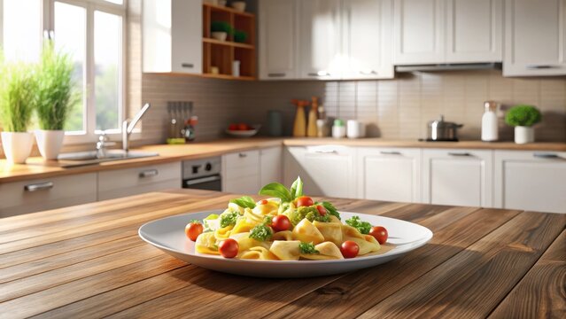 Rakott krumpli artfully arranged on a crisp white plate against a warm wooden table in a modern kitchen setting