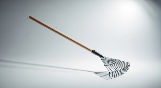 Close up of a garden rake with wooden handle and metal tines isolated