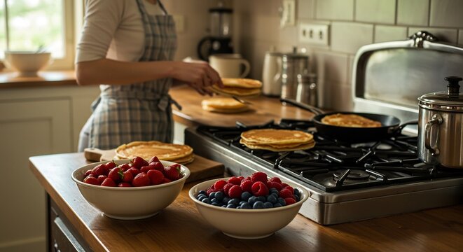 Pancake Perfection: A person in an apron flips a stack of golden pancakes on a vintage stovetop, with bowls of fresh strawberries, raspberries, and blueberries nearby.