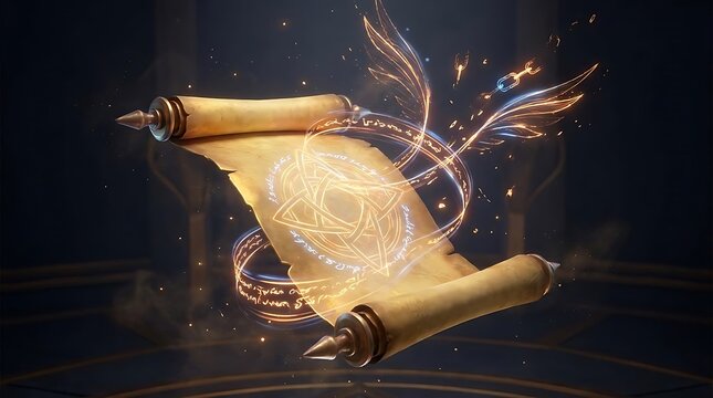 Enchanted parchment scroll hovering with glowing magical runes