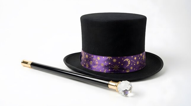 Black top hat with purple celestial ribbon and magic wand isolated on white background