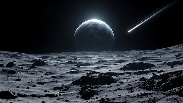Cinematic view of a distant planet rising over a rocky cratered moon surface with a meteor streak