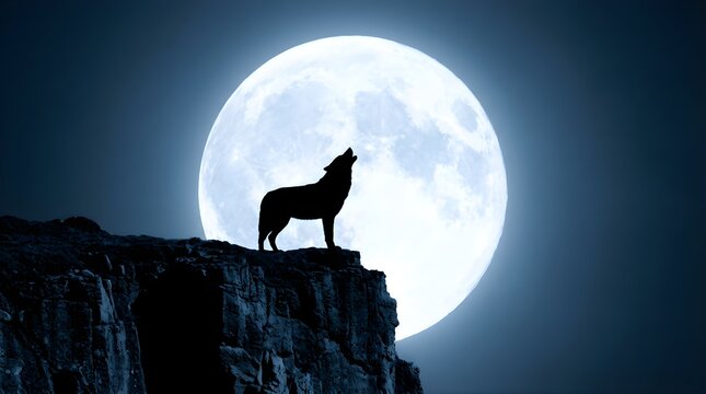 Lone wolf howling on a mountain cliff under a full moon at night