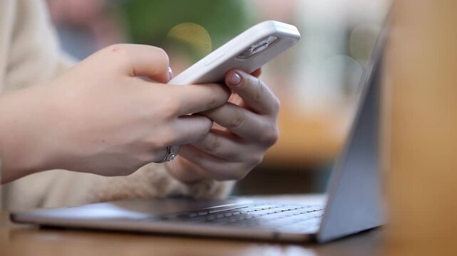 Hands hold phone near laptop. Person multitasks. Focus on digital devices. Work or communication concept. Suitable for tech, productivity, or modern lifestyle themes