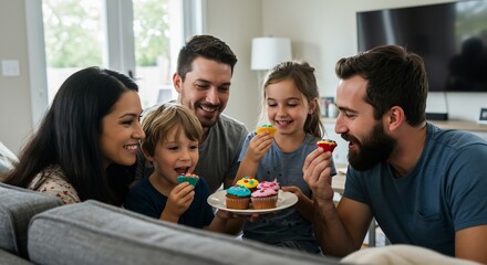 Obraz premium Cupcake Joy: A happy family enjoys a moment of sweetness, sharing colorful cupcakes and smiles on a cozy couch. Capturing the warmth of togetherness and simple pleasures.