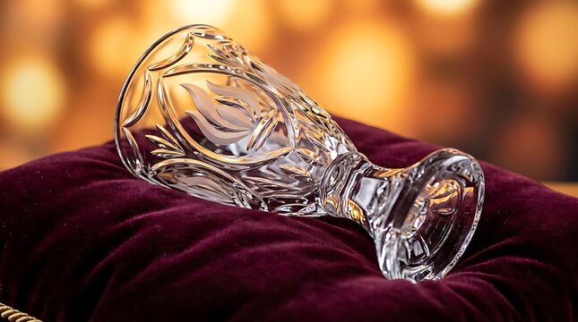 Engraved crystal glass resting on purple velvet cushion.