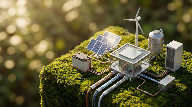 Renewable energy microgrid infrastructure model on green moss showing solar panels wind turbine and sustainable data cooling system