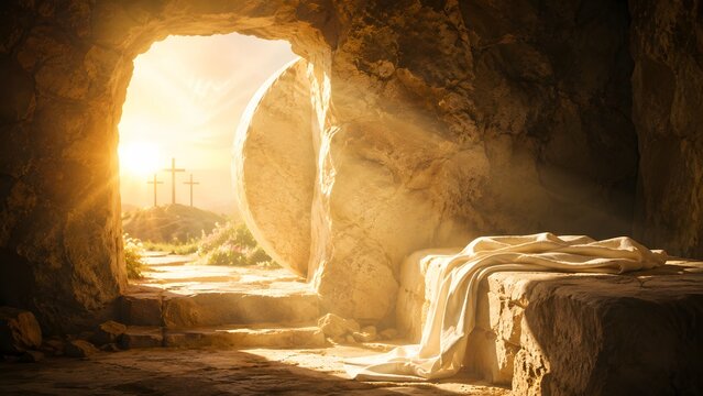 Bright morning sunlight rays shining into empty stone tomb cave with folded linen clothes on slab for traditional christian happy easter resurrection holiday religious celebration background.