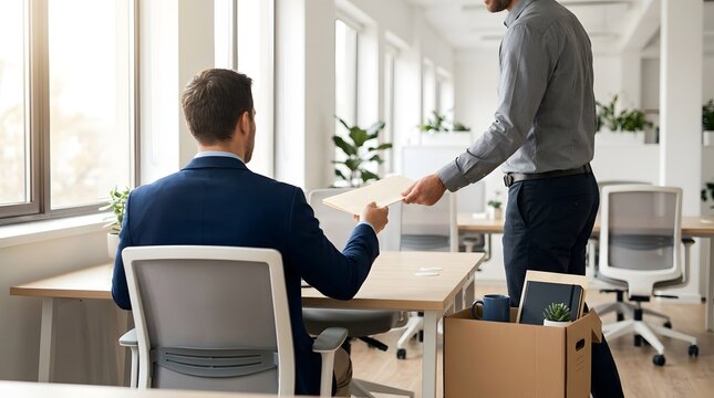 Corporate layoff exit interview concept showing human resources manager handing severance document to departing employee with packed box