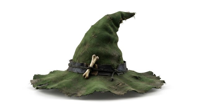Old weathered green witch hat with bone isolated on white background