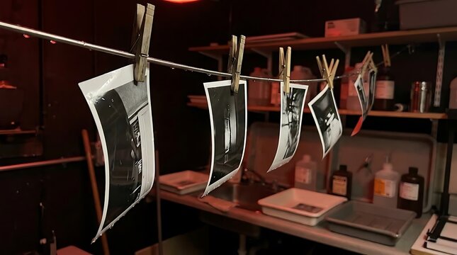 Black and white prints hanging in darkroom studio.
