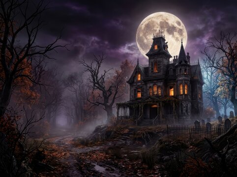 Spooky Victorian manor sits in a foggy graveyard under a large full moon night Halloween Wallpaper Background image