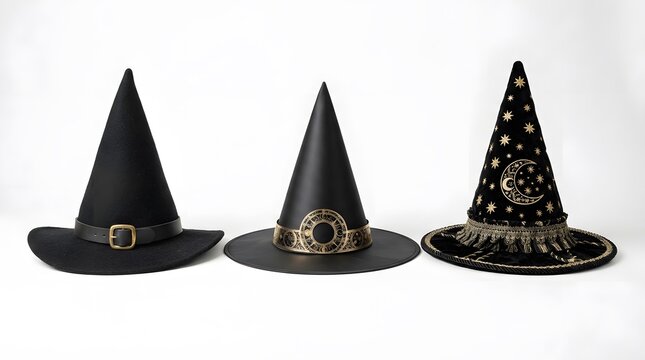 Three decorative witch hats isolated on white background