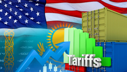 Fototapeta premium American and Kazakhstani flags, shipping containers, and financial charts illustrate American and Kazakhstani tariffs, trade policy, economic relations, and increased tax sanctions.