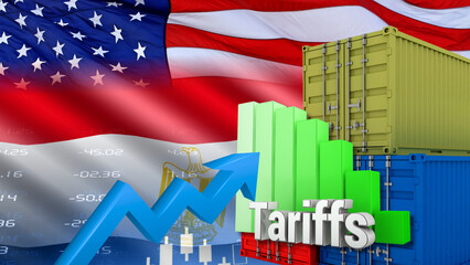 Naklejka premium American and Egyptian flags, shipping containers, and financial charts illustrate American and Egyptian tariffs, trade policy, economic relations, and increased tax sanctions.