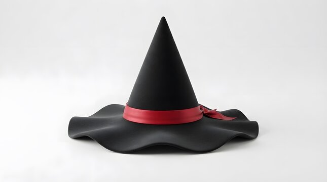 Classic black witch hat with a red ribbon isolated on white background