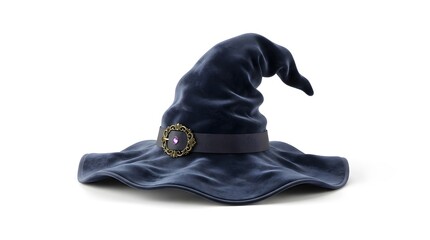 Fototapeta premium Blue velvet witch hat with buckle isolated on white background