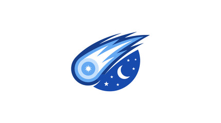 Stylized Blue Comet Flying Past a Crescent Moon Icon © Kopi