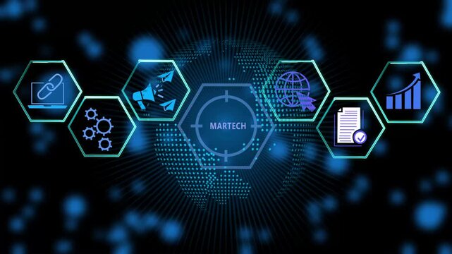 Advanced martech digital ecosystem infographic featuring animated hexagonal representing global marketing technology, data analytics, business growth strategy, and automated online advertising