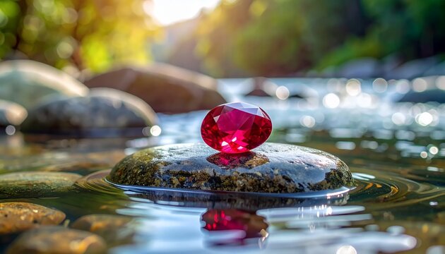 A stunning ruby gemstone rests on a wet river stone in a natural stream.