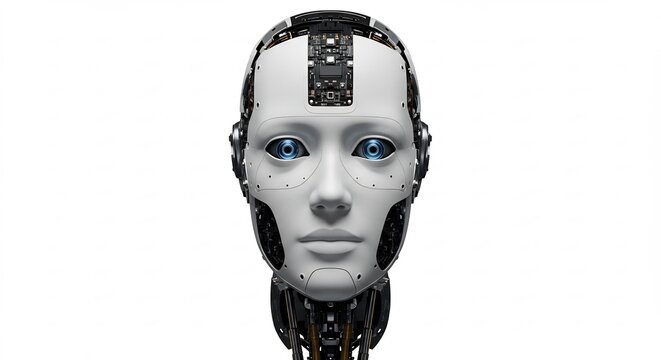 Humanoid Robot Head: A detailed close-up of a humanoid robot's head, showcasing its intricate design with synthetic skin, glowing blue eyes, and visible mechanical components.