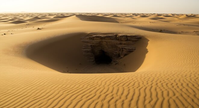 Vast Desert Landscape: Endless golden sand dunes stretch towards the horizon under a clear, bright sky, creating a serene and awe-inspiring desert vista.