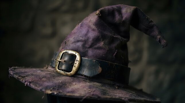 A weathered, tattered purple witch hat with a dark leather belt and brass buckle