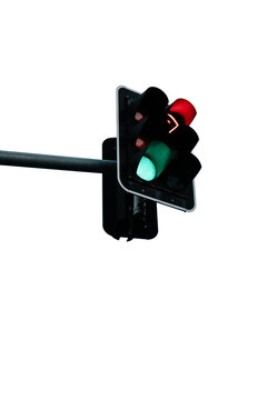 Traffic light with green go signal and red arrow isolated on transparent background